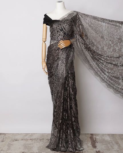 Black, Copper Premium French Metallic Chantilly Saree Lace with Stone Work - 5.5 Meters, Width 110 cm-D21071