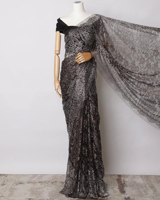 Black, Copper Premium French Metallic Chantilly Saree Lace with Stone Work - 5.5 Meters, Width 110 cm-D21071