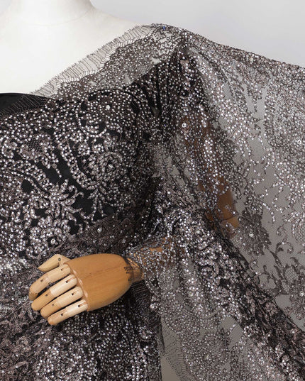 Black, Copper Premium French Metallic Chantilly Saree Lace with Stone Work - 5.5 Meters, Width 110 cm-D21071