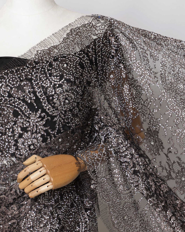 Black, Copper Premium French Metallic Chantilly Saree Lace with Stone Work - 5.5 Meters, Width 110 cm-D21071