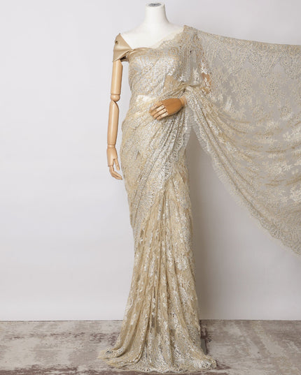 Light Gold Premium French Metallic Chantilly Saree Lace with Stone Work - 5.5 Meters, Width 110 cm-D21072