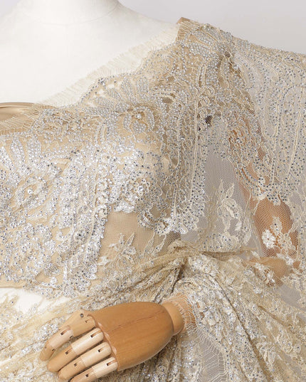 Light Gold Premium French Metallic Chantilly Saree Lace with Stone Work - 5.5 Meters, Width 110 cm-D21072