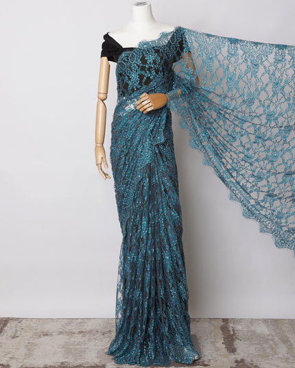 Teal Blue, Black Premium French 2-Tone Chantilly Lace Saree Fabric with stone work - 5.5 Meters, Width 110 cm-D21073