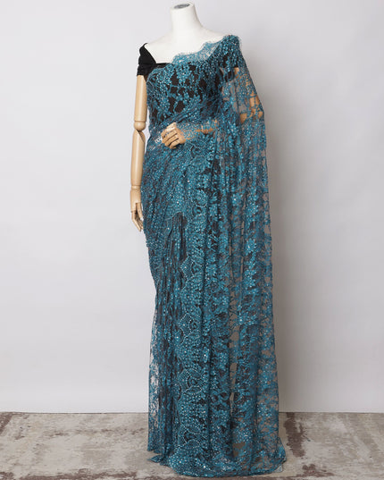 Teal Blue, Black Premium French 2-Tone Chantilly Lace Saree Fabric with stone work - 5.5 Meters, Width 110 cm-D21073