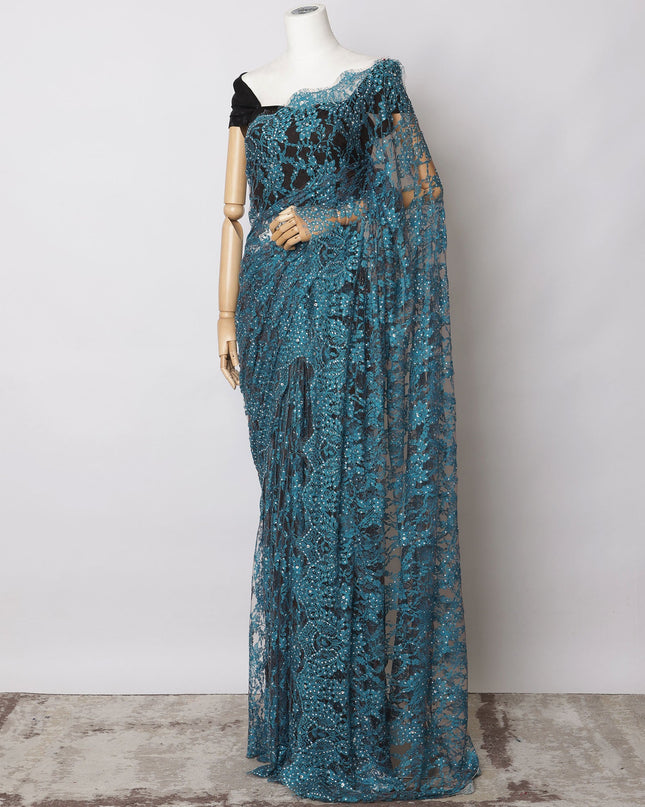 Teal Blue, Black Premium French 2-Tone Chantilly Lace Saree Fabric with stone work - 5.5 Meters, Width 110 cm-D21073