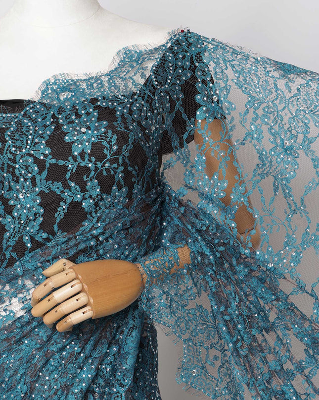 Teal Blue, Black Premium French 2-Tone Chantilly Lace Saree Fabric with stone work - 5.5 Meters, Width 110 cm-D21073