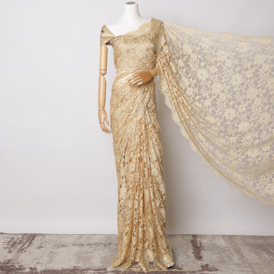 Gold Premium French Chantilly Saree Lace  with stone work- 5.5 Meters, Width 110 cm-D21074 Regal Fabrics