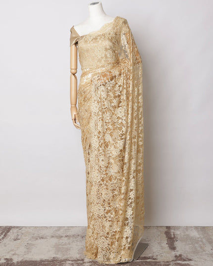 Gold Premium French Chantilly Saree Lace  with stone work- 5.5 Meters, Width 110 cm-D21074