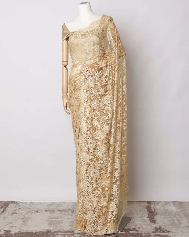 Gold Premium French Chantilly Saree Lace  with stone work- 5.5 Meters, Width 110 cm-D21074