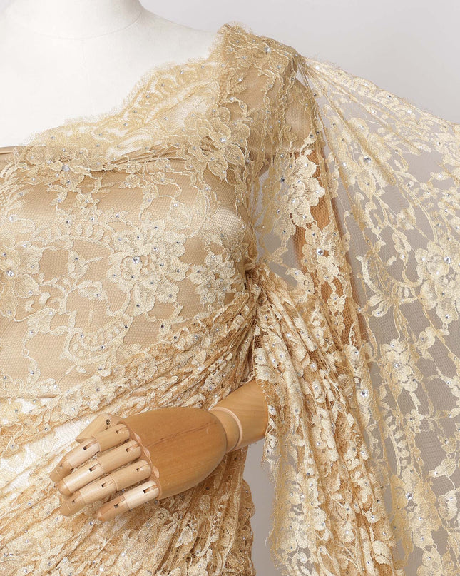 Gold Premium French Chantilly Saree Lace  with stone work- 5.5 Meters, Width 110 cm-D21074