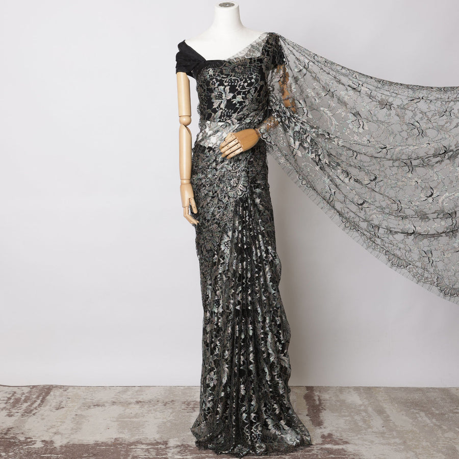 قماش ساري فرنسي فاخر من الدانتيل الأسود الفضي - 5.5 متر، عرض 110 سم - D21076