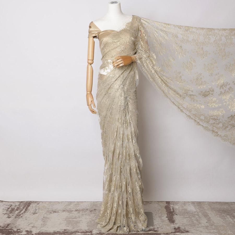 Off white, Champagne Gold Metallic French Chantilly Lace Fabric – 5.5 Meters, Floral Design, 110 cm Width-D21079