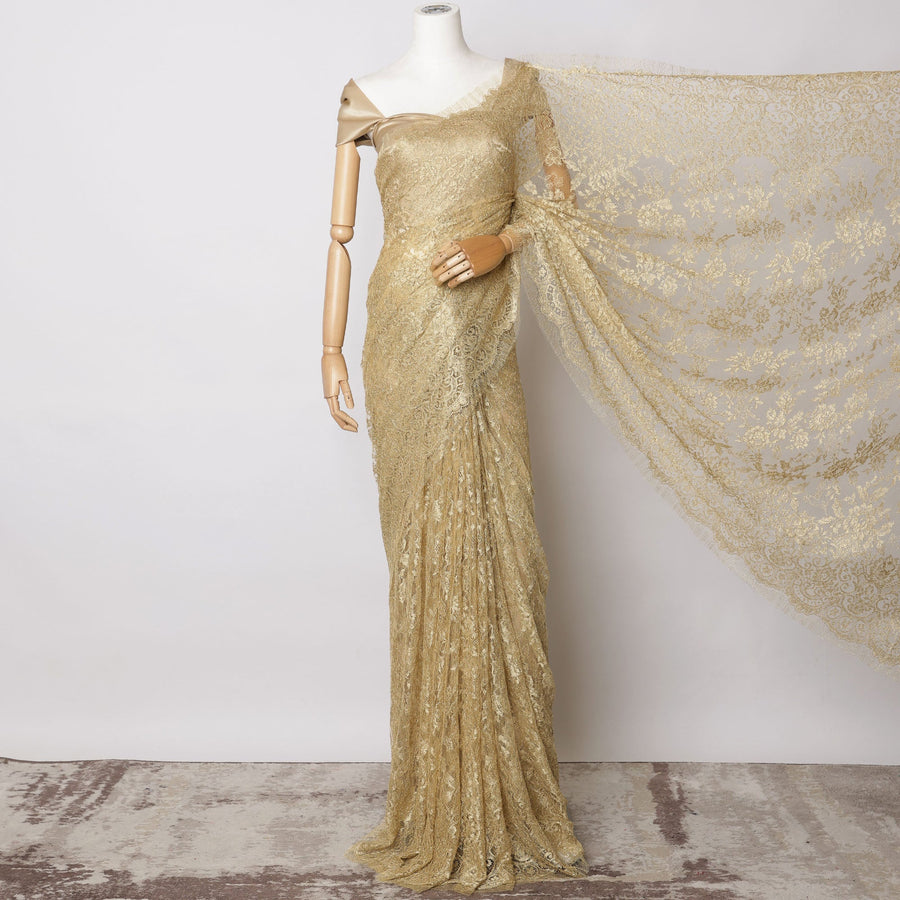 Gold Metallic French Chantilly Lace Fabric – 5.5 Meters, Floral Design, 110 cm Width-D21081