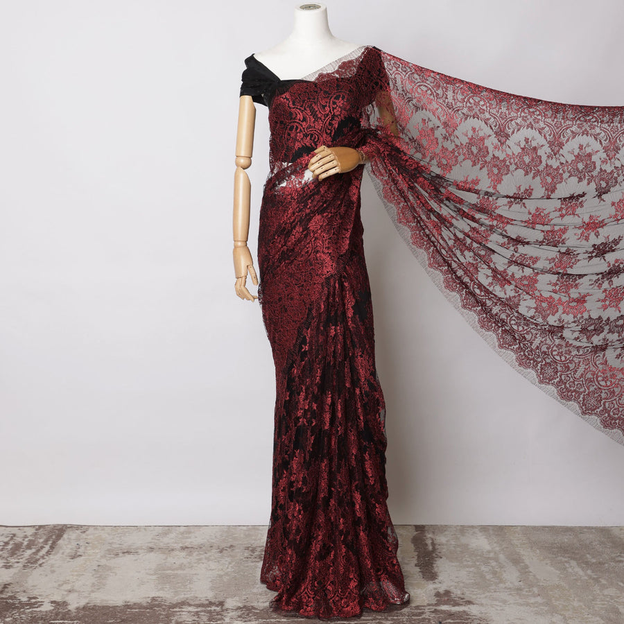 Maroon Metallic French Chantilly Lace Fabric – 5.5 Meters, Floral Design, 110 cm Width-D21083