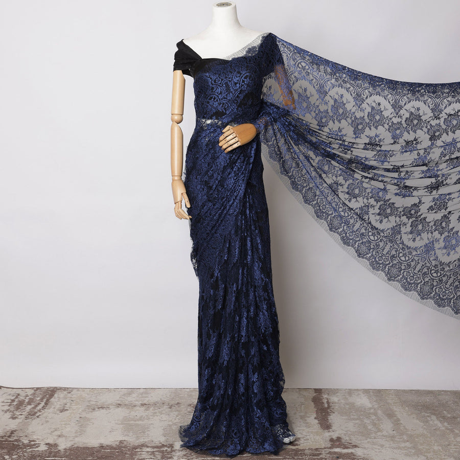 Navy Blue Metallic French Chantilly Lace Fabric – 5.5 Meters, Floral Design, 110 cm Width-D21084