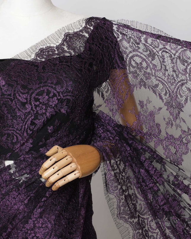 Royal Purple Metallic French Chantilly Lace Fabric – 5.5 Meters, Floral Design, 110 cm Width-D21086