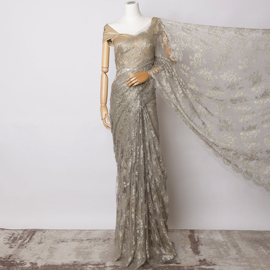 Beige, Gold Metallic French Chantilly Lace Fabric – 5.5 Meters, Floral Design, 110 cm Width-D21088