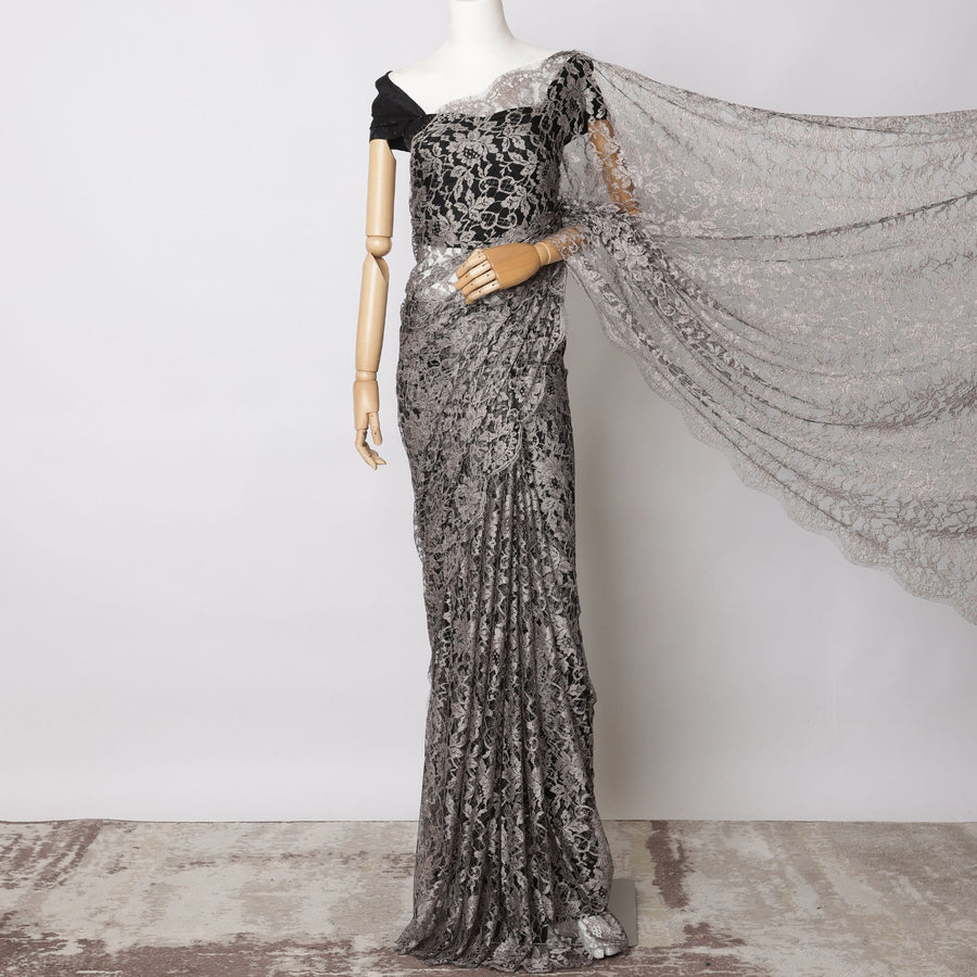 Grey and Black Two-Tone French Chantilly Lace Fabric  – 5.5 Meters, Floral Design, 110 cm Width-D21089