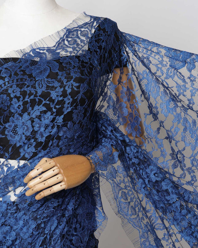 Royal Blue, Black Two-Tone French Chantilly Lace Fabric – 5.5 Meters, Floral Design, 110 cm Width-D21092