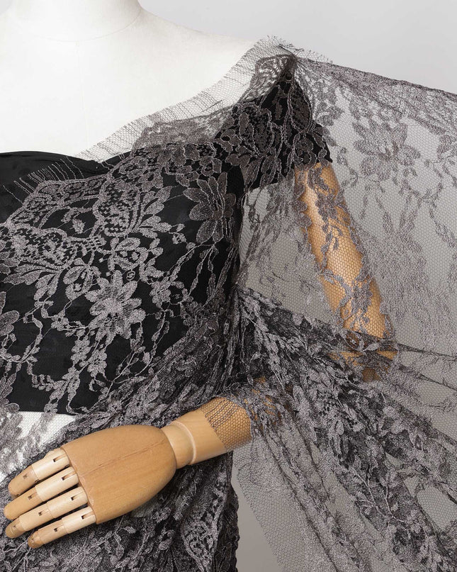 Mauve, Black Two-Tone French Chantilly Lace Fabric – 5.5 Meters, Floral Design, 110 cm Width-D21094