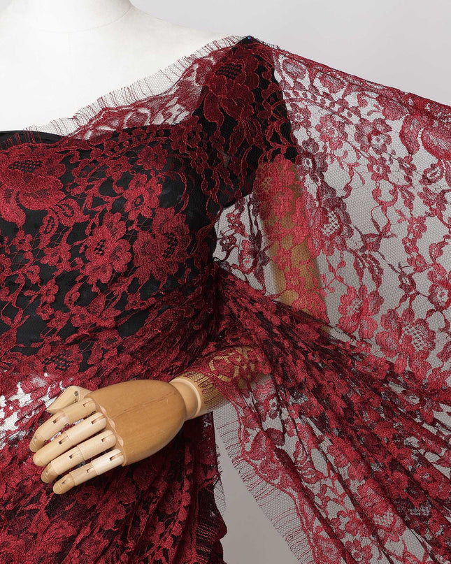 Maroon, Black Two-Tone French Chantilly Lace Fabric – 5.5 Meters, Floral Design, 110 cm Width-D21096