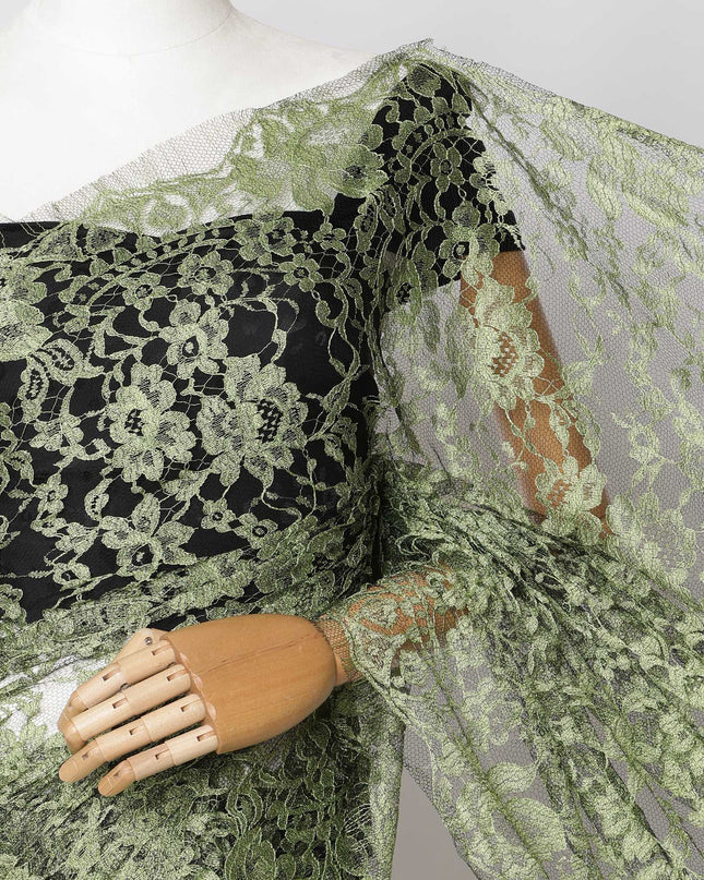 Light Olive Green, Black Two-Tone French Chantilly Lace Fabric – 5.5 Meters, Floral Design, 110 cm Width-D21098