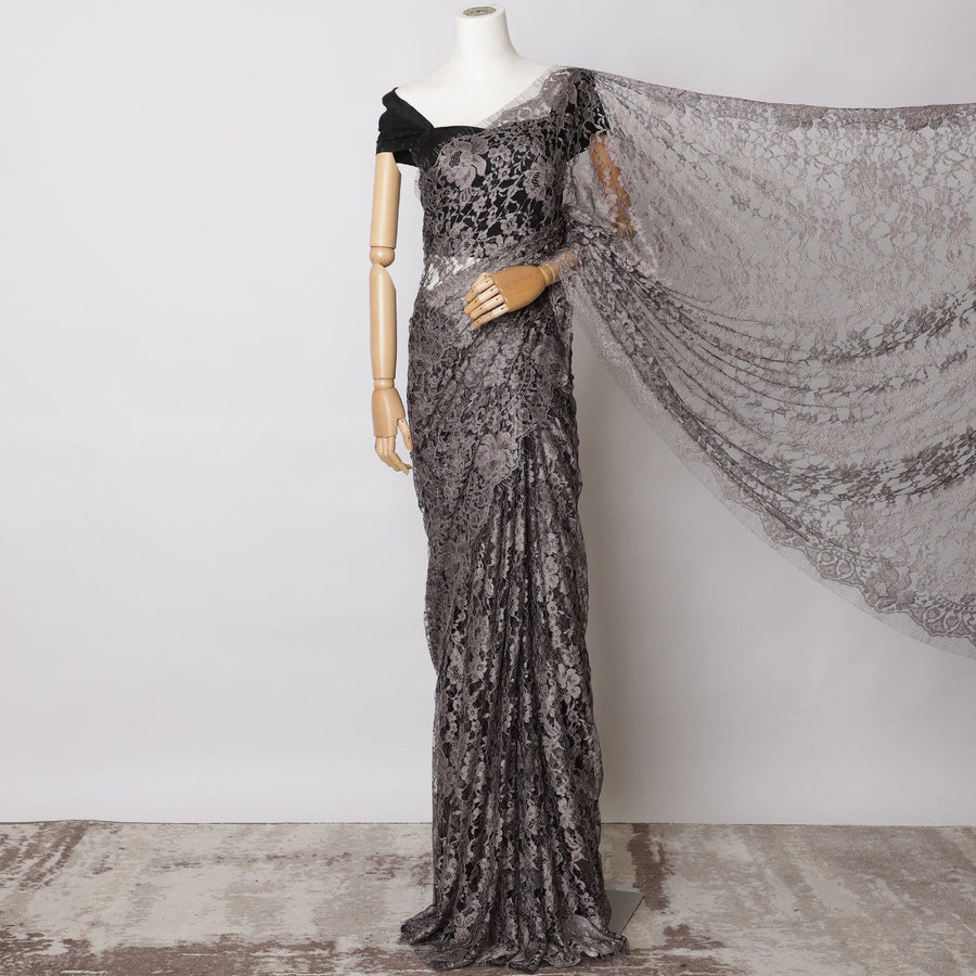 Mauve, Black Two-Tone French Chantilly Lace Fabric – 5.5 Meters, Floral Design, 110 cm Width-D21099