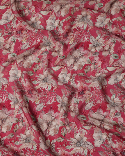 Rose Red Viscose Digital Printed Fabric with Floral Design, 110 cm Width-D21293