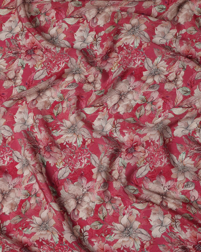 Rose Red Viscose Digital Printed Fabric with Floral Design, 110 cm Width-D21293