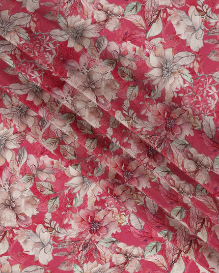 Rose Red Viscose Digital Printed Fabric with Floral Design, 110 cm Width-D21293