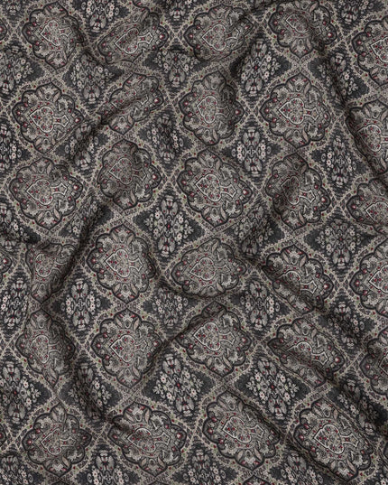 Charcoal Black Viscose Digital Printed Fabric with Paisley Floral Motifs, 110 cm Width-D21294