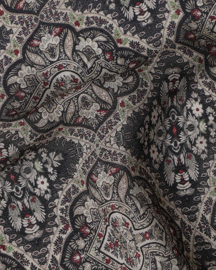 Charcoal Black Viscose Digital Printed Fabric with Paisley Floral Motifs, 110 cm Width-D21294