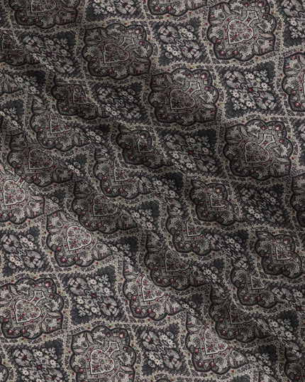 Charcoal Black Viscose Digital Printed Fabric with Paisley Floral Motifs, 110 cm Width-D21294