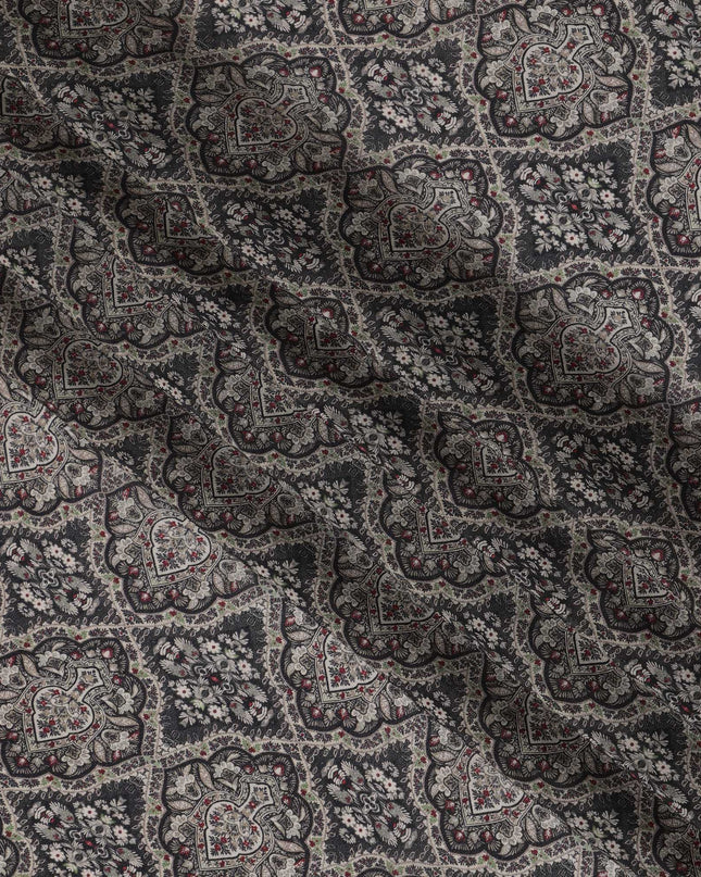 Charcoal Black Viscose Digital Printed Fabric with Paisley Floral Motifs, 110 cm Width-D21294