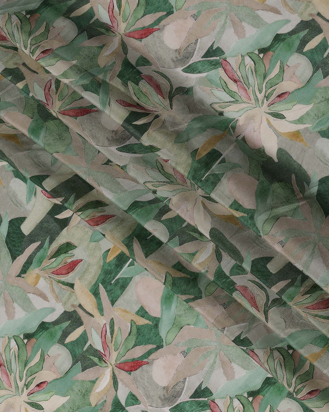 Sage Green Viscose Digital Printed Fabric with Abstract Floral Design, 110 cm Width-D21295