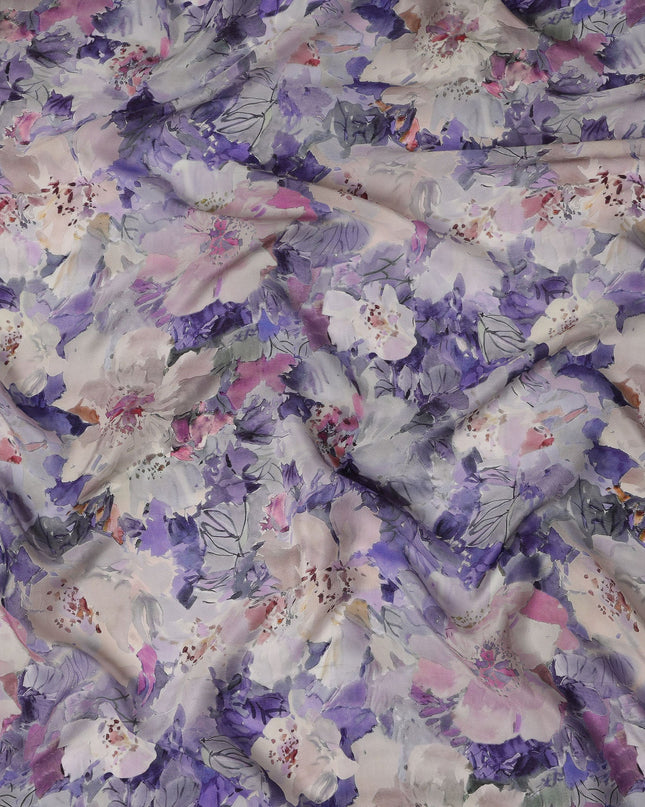 Lavender Purple Viscose Digital Printed Fabric with Watercolor Floral Design, 110 cm Width-D21296