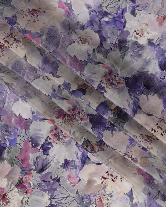 Lavender Purple Viscose Digital Printed Fabric with Watercolor Floral Design, 110 cm Width-D21296