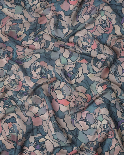 Teal Blue Viscose Digital Printed Fabric with Floral Outline Design, 110 cm Width-D21300