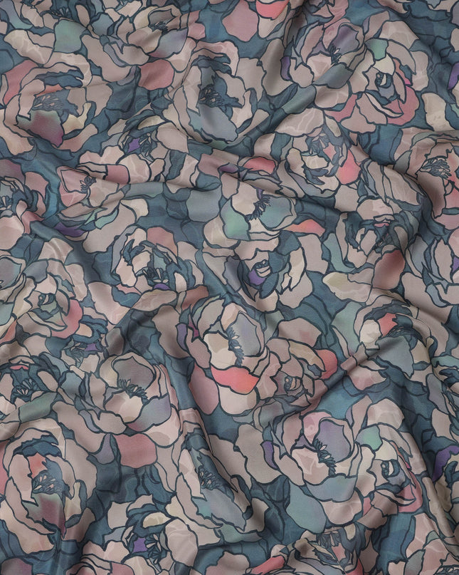 Teal Blue Viscose Digital Printed Fabric with Floral Outline Design, 110 cm Width-D21300