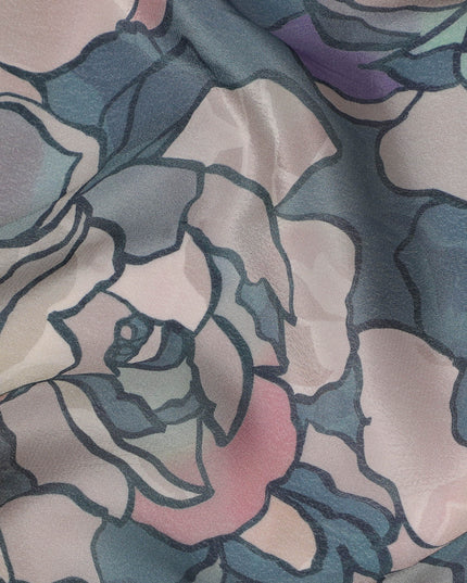 Teal Blue Viscose Digital Printed Fabric with Floral Outline Design, 110 cm Width-D21300