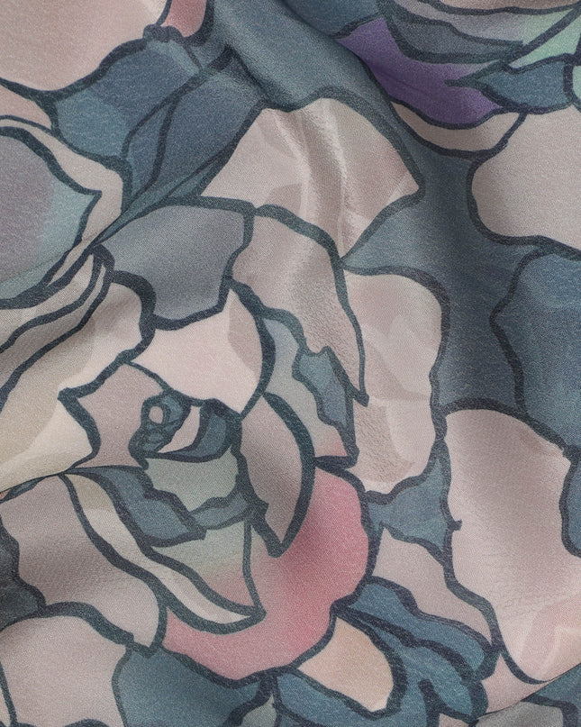 Teal Blue Viscose Digital Printed Fabric with Floral Outline Design, 110 cm Width-D21300