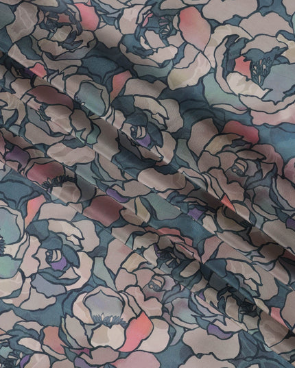 Teal Blue Viscose Digital Printed Fabric with Floral Outline Design, 110 cm Width-D21300