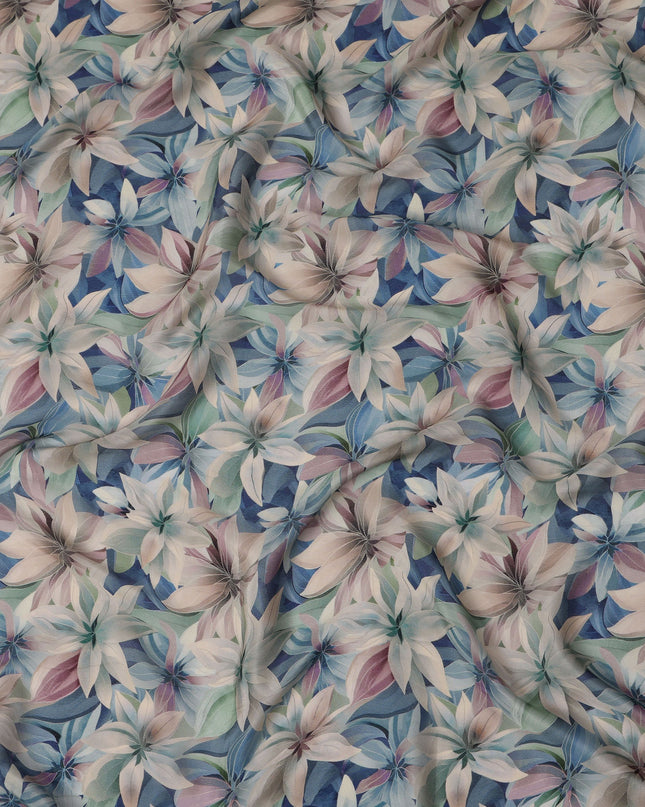 Pastel Blue Viscose Digital Printed Fabric with Large Floral Design, 110 cm Width-D21301