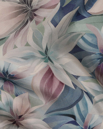 Pastel Blue Viscose Digital Printed Fabric with Large Floral Design, 110 cm Width-D21301