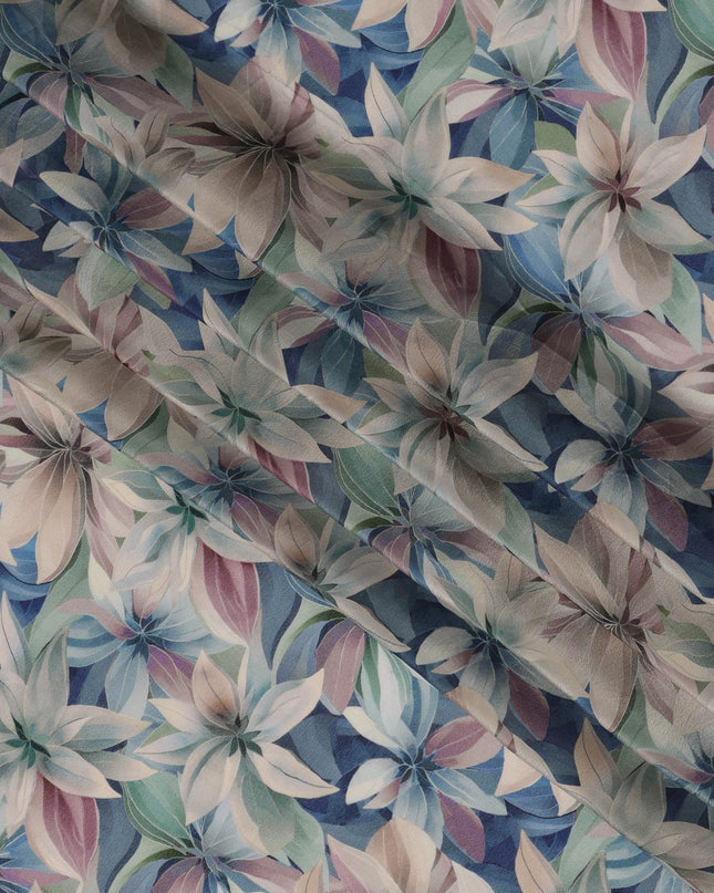 Pastel Blue Viscose Digital Printed Fabric with Large Floral Design, 110 cm Width-D21301