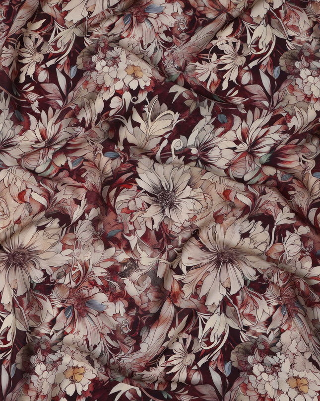 Maroon Beige Viscose Digital Printed Fabric with Artistic Floral Design, 110 cm Width-D21302