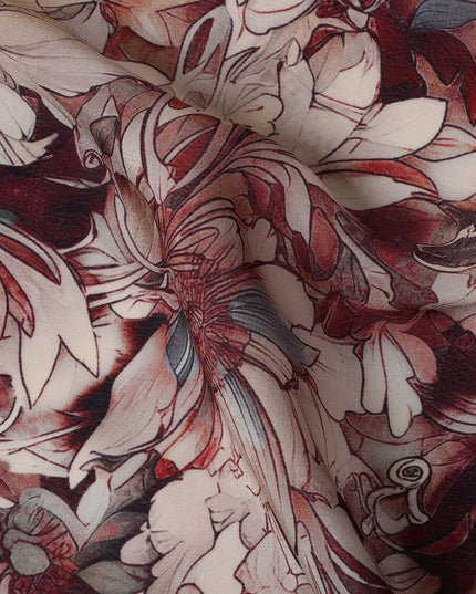 Maroon Beige Viscose Digital Printed Fabric with Artistic Floral Design, 110 cm Width-D21302