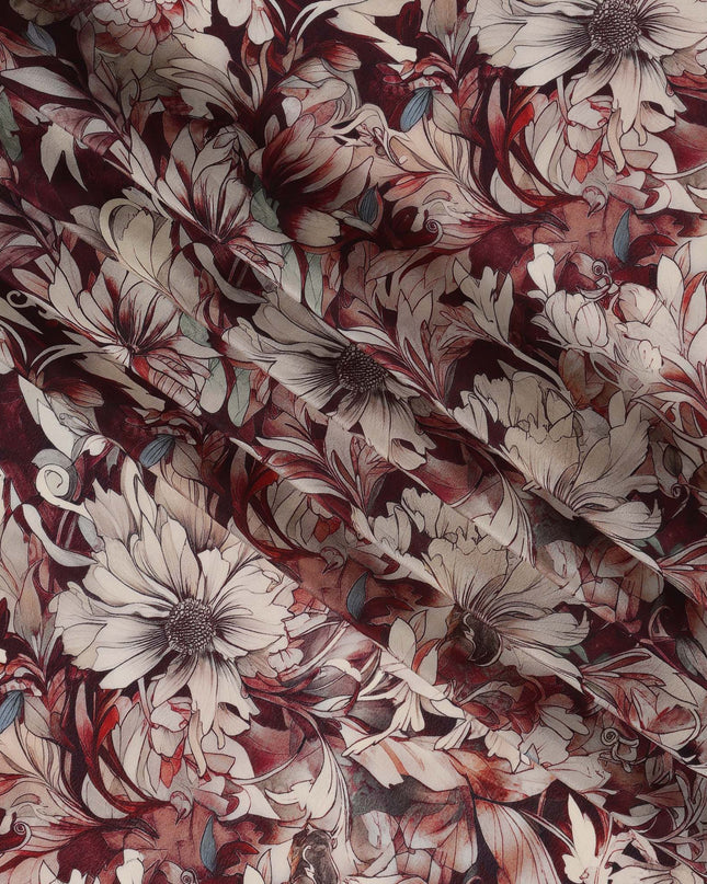 Maroon Beige Viscose Digital Printed Fabric with Artistic Floral Design, 110 cm Width-D21302