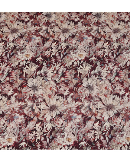 Maroon Beige Viscose Digital Printed Fabric with Artistic Floral Design, 110 cm Width-D21302