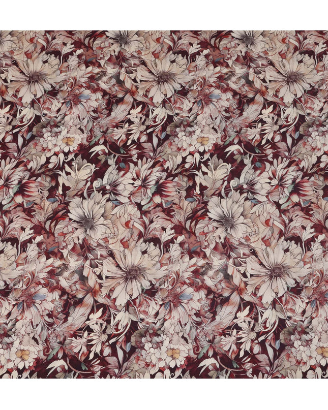 Maroon Beige Viscose Digital Printed Fabric with Artistic Floral Design, 110 cm Width-D21302